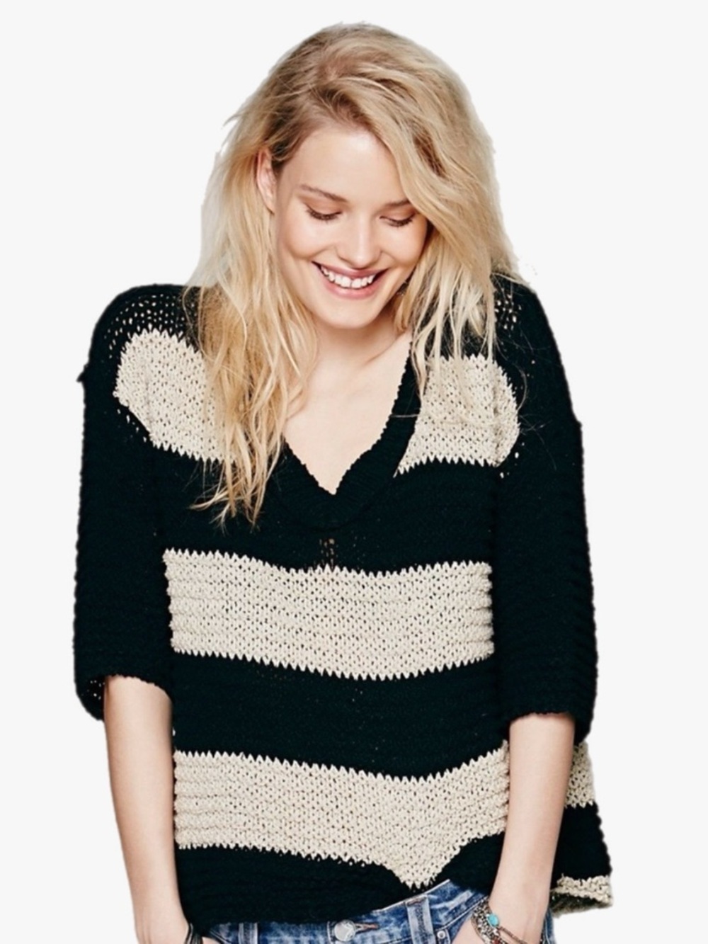 Free People Stripe Park Slope Pullover Crochet Knit Sweater Womens Sz Medium